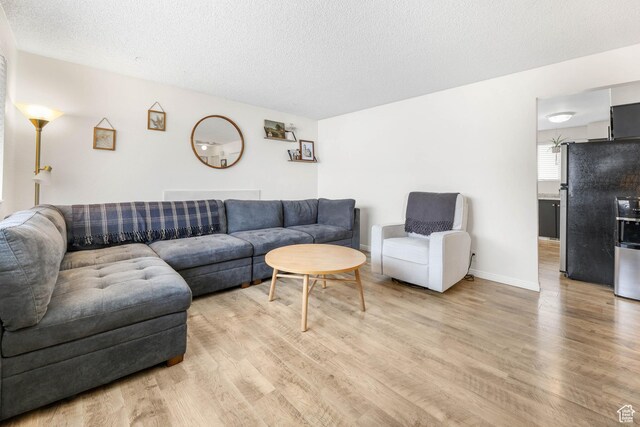 living room featuring a textured ceiling and light hardwood / wood-style floors