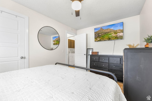 bedroom with connected bathroom, a textured ceiling, washer / dryer, and ceiling fan
