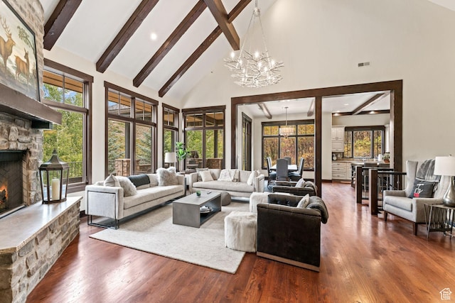 8670 Ranch Club Ct, Park City, UT 84098 - living room featuring a stone fireplace, a healthy amount of sunlight, a chandelier, and high vaulted ceiling