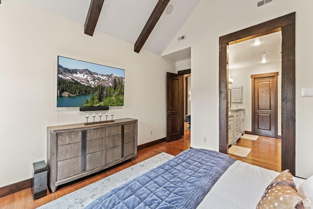 8670 Ranch Club Ct, Park City, UT 84098 - bedroom with hardwood / wood-style flooring, ensuite bathroom, and lofted ceiling with beams