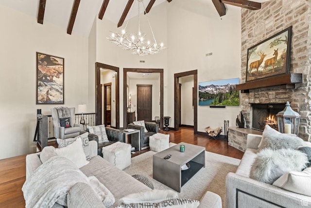 8670 Ranch Club Ct, Park City, UT 84098 - living room with beam ceiling, a fireplace, high vaulted ceiling, and wood-type flooring