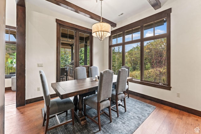 8670 Ranch Club Ct, Park City, UT 84098 - dining space featuring an inviting chandelier, beam ceiling, and dark hardwood / wood-style floors