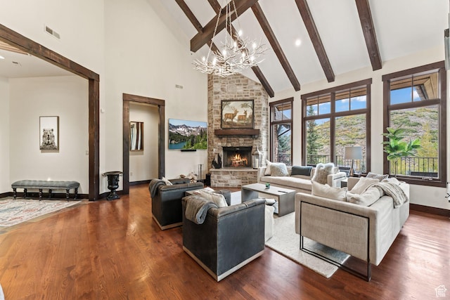 8670 Ranch Club Ct, Park City, UT 84098 - living room featuring beam ceiling, dark wood-type flooring, a fireplace, and high vaulted ceiling