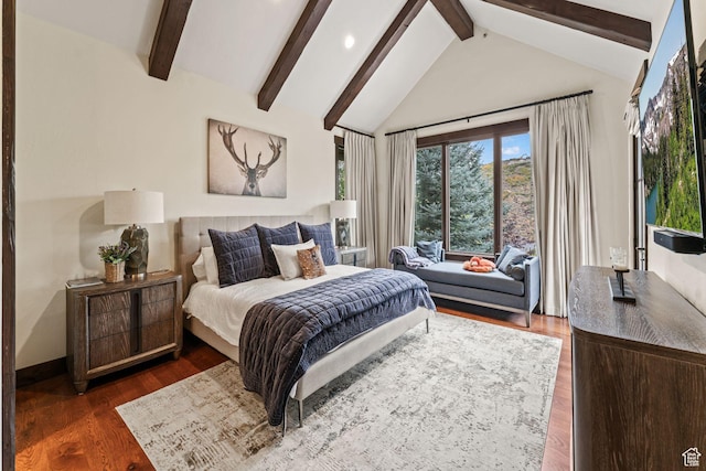8670 Ranch Club Ct, Park City, UT 84098 - bedroom featuring beamed ceiling, dark hardwood / wood-style floors, and high vaulted ceiling