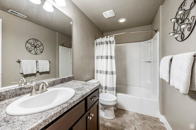 7104 S Cadens Cv, Cottonwood Heights, UT 84121 - full bathroom featuring vanity, toilet, shower / bath combination with curtain, and a textured ceiling