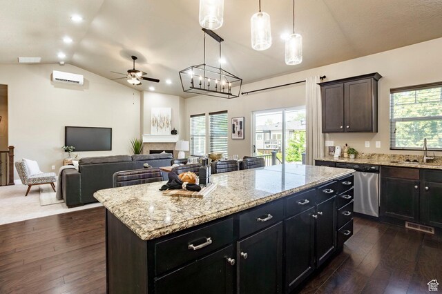 7104 S Cadens Cv, Cottonwood Heights, UT 84121 - kitchen with stainless steel dishwasher, a sink, vaulted ceiling, dark wood-type flooring, and a ceiling fan