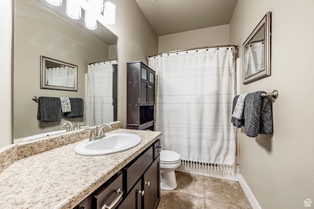 7104 S Cadens Cv, Cottonwood Heights, UT 84121 - bathroom with vanity, a textured ceiling, curtained shower, tile patterned floors, and toilet