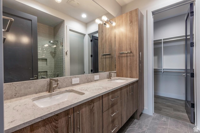 1817 W Skyridge Dr, Heber City, UT 84032 - bathroom with a shower stall, double vanity, a walk in closet, and marble look tiles