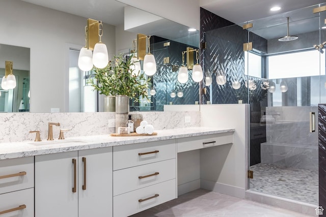 1817 W Skyridge Dr, Heber City, UT 84032 - full bathroom with a stall shower, double vanity, and decorative backsplash