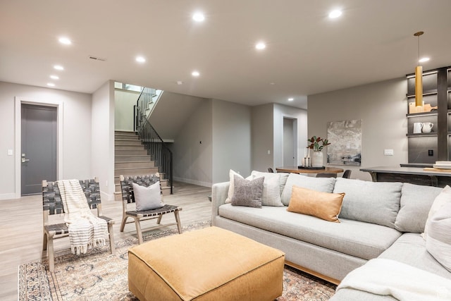 1817 W Skyridge Dr, Heber City, UT 84032 - living room featuring light wood-style floors, stairs, recessed lighting, and baseboards