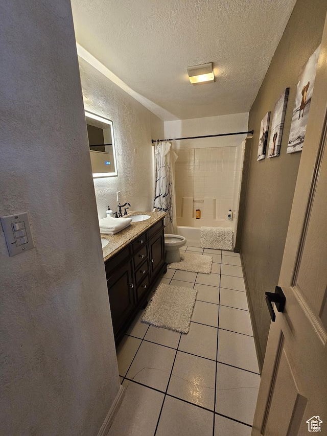11905 E 24560 N, Fairview, UT 84629 - full bathroom with toilet, a textured ceiling, vanity, shower / bathtub combination with curtain, and tile patterned flooring