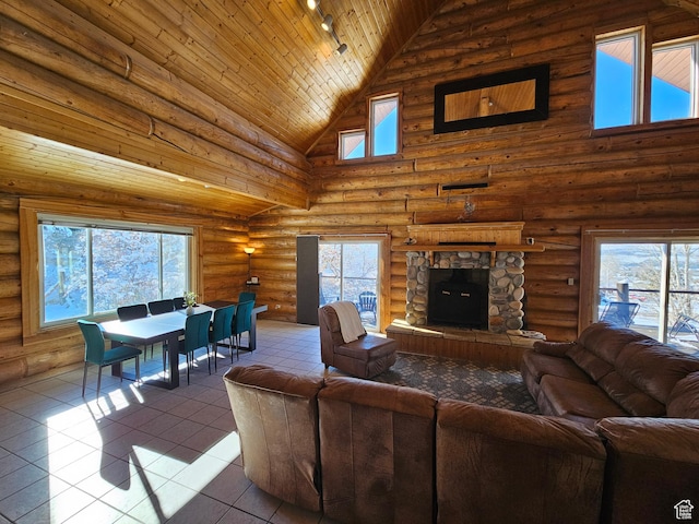 11905 E 24560 N, Fairview, UT 84629 - tiled living room featuring plenty of natural light, log walls, high vaulted ceiling, and wood ceiling