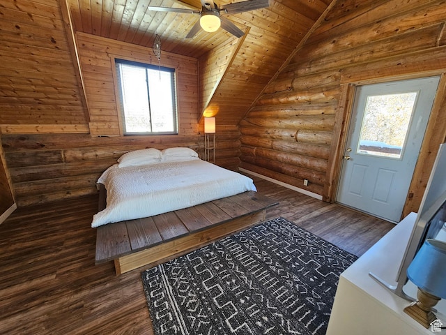 11905 E 24560 N, Fairview, UT 84629 - bedroom with lofted ceiling, rustic walls, wood ceiling, dark hardwood / wood-style flooring, and ceiling fan