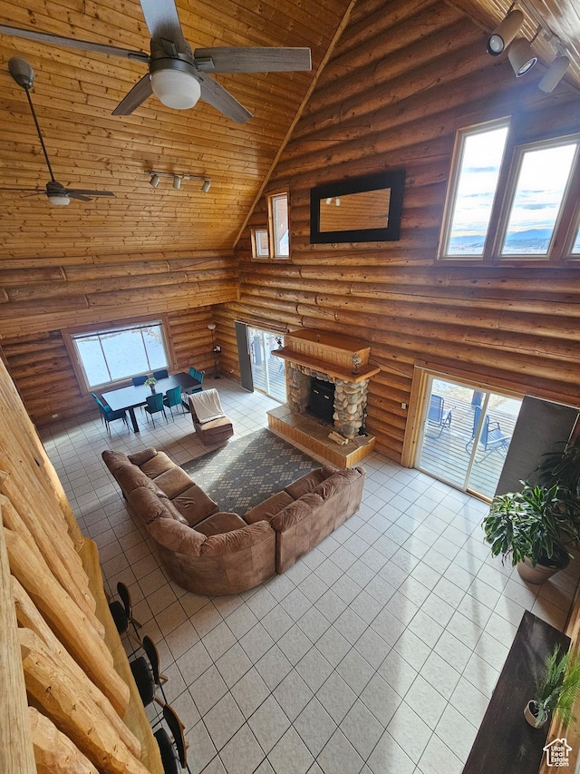11905 E 24560 N, Fairview, UT 84629 - living room with wood ceiling, high vaulted ceiling, rustic walls, and tile patterned floors