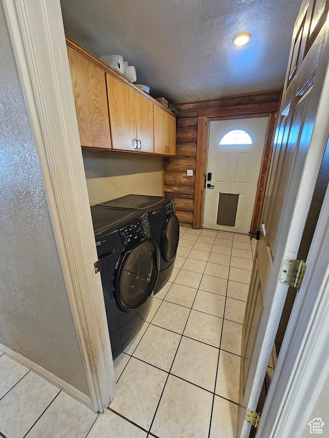 11905 E 24560 N, Fairview, UT 84629 - clothes washing area featuring rustic walls, cabinets, light tile patterned floors, independent washer and dryer, and a textured ceiling