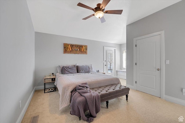 818 Summit Dr, Smithfield, UT 84335 - bedroom with lofted ceiling, light carpet, baseboards, a ceiling fan, and connected bathroom