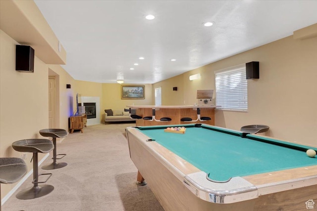 818 Summit Dr, Smithfield, UT 84335 - playroom featuring a fireplace, carpet floors, pool table, and recessed lighting