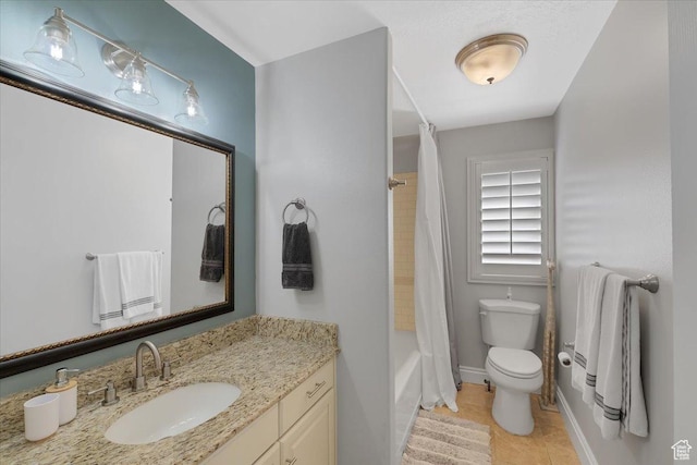 818 Summit Dr, Smithfield, UT 84335 - full bathroom featuring toilet, tile patterned flooring, vanity, baseboards, and shower / bath combination with curtain