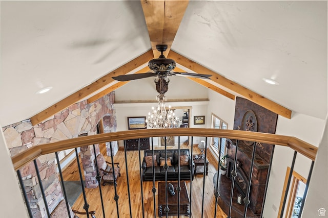 655 W 85 S, Glenwood, UT 84730 - detailed view of beam ceiling, a chandelier, wood finished floors, and a ceiling fan