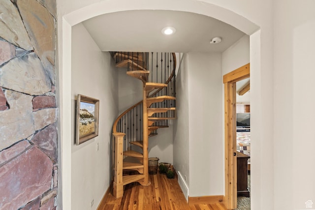 655 W 85 S, Glenwood, UT 84730 - stairway featuring wood finished floors and arched walkways