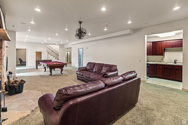 655 W 85 S, Glenwood, UT 84730 - living area with light carpet, billiards table, stairway, and recessed lighting
