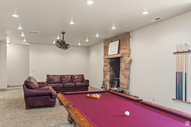 655 W 85 S, Glenwood, UT 84730 - rec room featuring pool table, recessed lighting, light carpet, and a fireplace