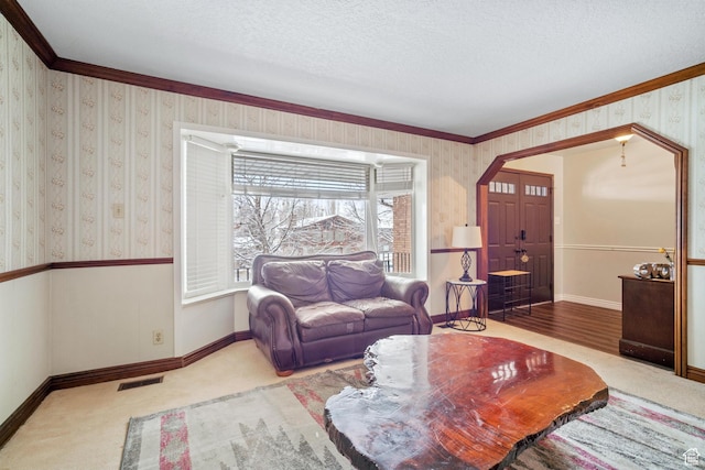 1975 Laguna Vista Dr, Orem, UT 84058 - carpeted living room featuring ornamental molding and a textured ceiling