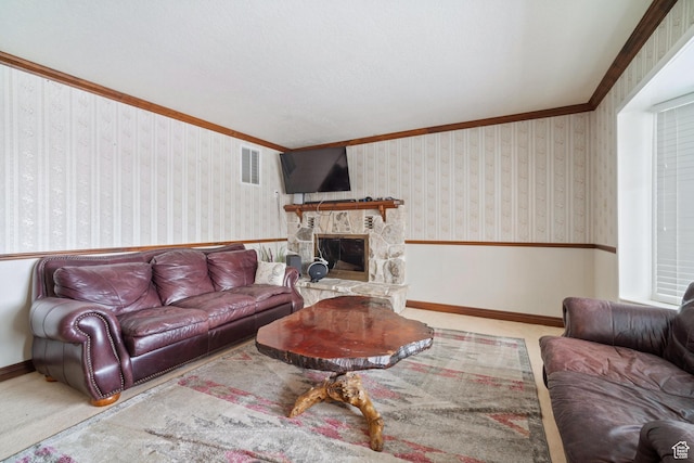 1975 Laguna Vista Dr, Orem, UT 84058 - carpeted living room with ornamental molding and a stone fireplace