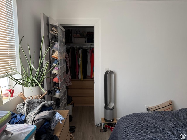bedroom with hardwood / wood-style floors and a closet
