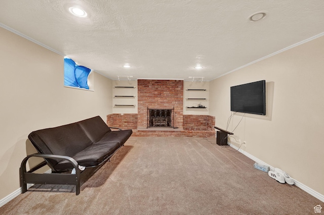 927 E 5650 S, Murray, UT 84121 - living room featuring a fireplace, ornamental molding, built in features, and a textured ceiling