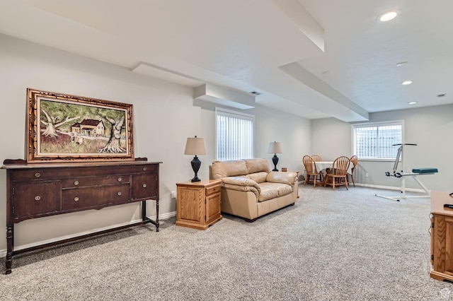 living room with light colored carpet