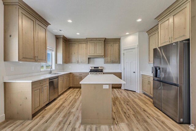 4024 W 2875 N, Plain City, UT 84404 - kitchen featuring stainless steel appliances, a sink, light wood finished floors, a kitchen island, and light countertops