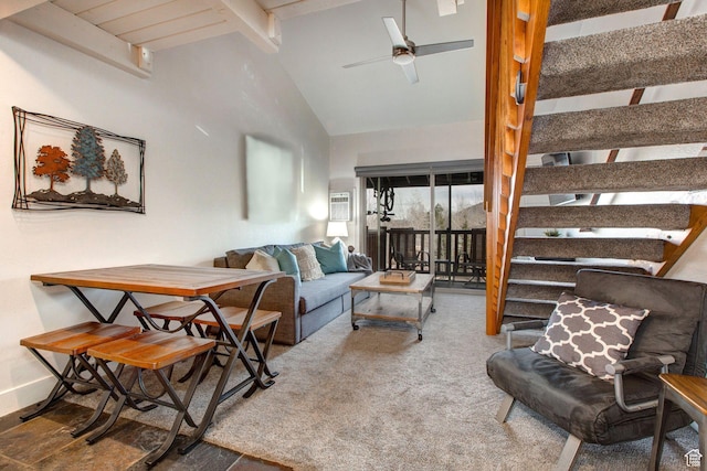 2325 Sidewinder Dr Unit 821, Park City, UT 84060 - living room featuring beamed ceiling, high vaulted ceiling, and ceiling fan