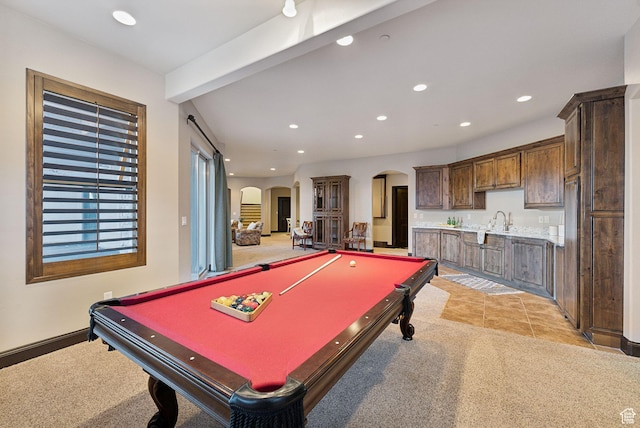 3180 E Stoney Creek Cir S, Heber City, UT 84032 - rec room featuring arched walkways, billiards, wet bar, recessed lighting, and light carpet