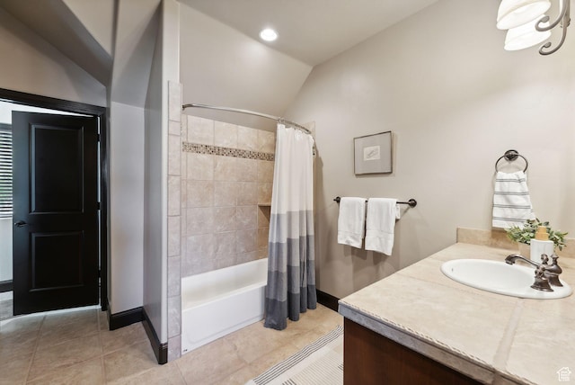 3180 E Stoney Creek Cir S, Heber City, UT 84032 - full bath featuring shower / tub combo with curtain, vanity, baseboards, tile patterned flooring, and vaulted ceiling