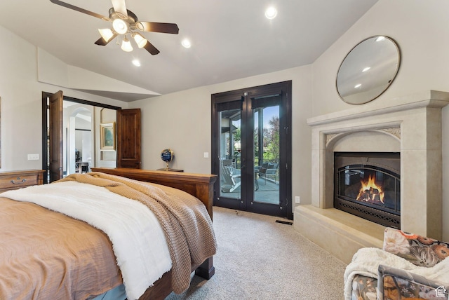 3180 E Stoney Creek Cir S, Heber City, UT 84032 - carpeted bedroom featuring access to outside, vaulted ceiling, recessed lighting, a high end fireplace, and ceiling fan