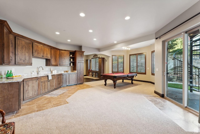 3180 E Stoney Creek Cir S, Heber City, UT 84032 - game room featuring light carpet, recessed lighting, arched walkways, billiards, and light tile patterned flooring