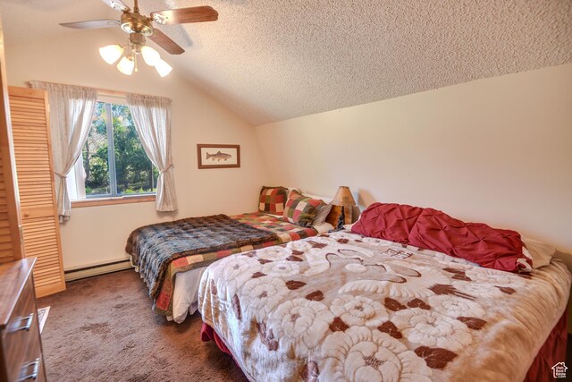 2690 E Hwy 153, Beaver, UT 84713 - carpeted bedroom featuring a baseboard heating unit, a textured ceiling, vaulted ceiling, and ceiling fan