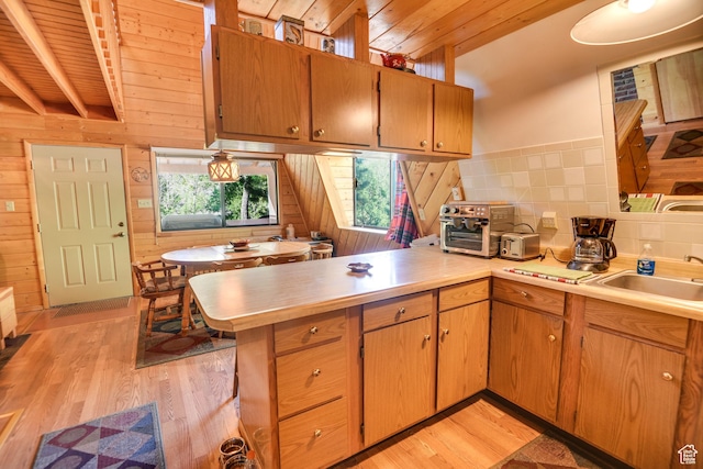 2690 E Hwy 153, Beaver, UT 84713 - kitchen with sink, wood ceiling, wooden walls, light hardwood / wood-style floors, and kitchen peninsula