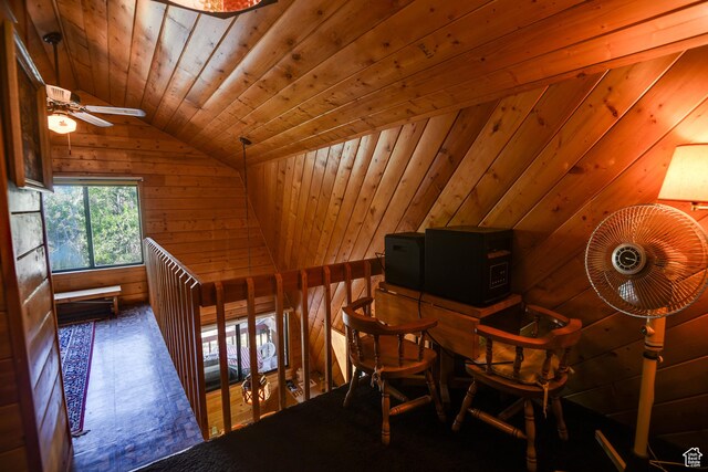 2690 E Hwy 153, Beaver, UT 84713 - office area with lofted ceiling, wooden ceiling, ceiling fan, and wood walls