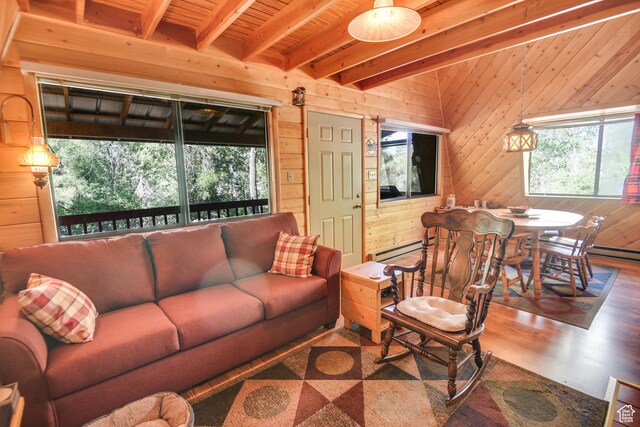 2690 E Hwy 153, Beaver, UT 84713 - living room featuring wooden walls, wooden ceiling, beamed ceiling, and plenty of natural light