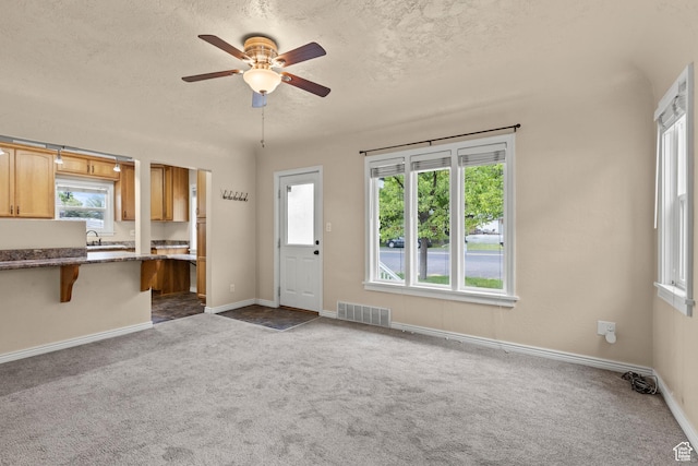 385 N 400 E, Logan, UT 84321 - unfurnished living room with dark colored carpet, a ceiling fan, a sink, a textured ceiling, and baseboards