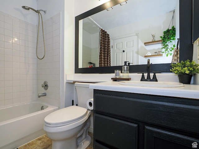 full bathroom with tile patterned flooring, shower / bath combo, vanity, and toilet