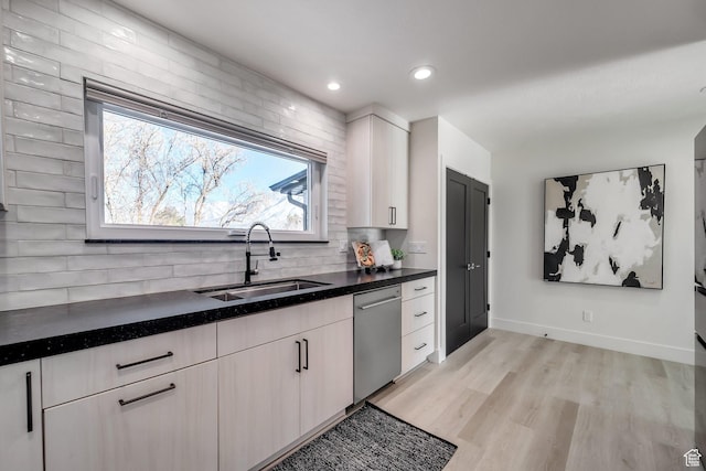1489 E Spring Ln S, Holladay, UT 84117 - kitchen featuring tasteful backsplash, sink, stainless steel dishwasher, and light wood-type flooring