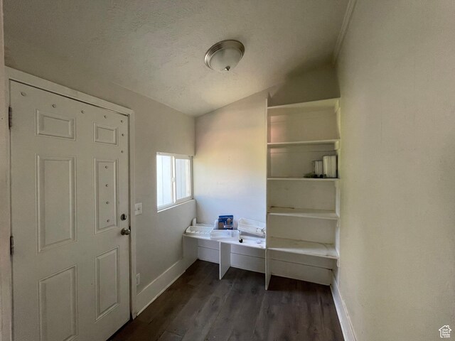 foyer entrance with baseboards, lofted ceiling, dark wood-style floors, and a textured ceiling