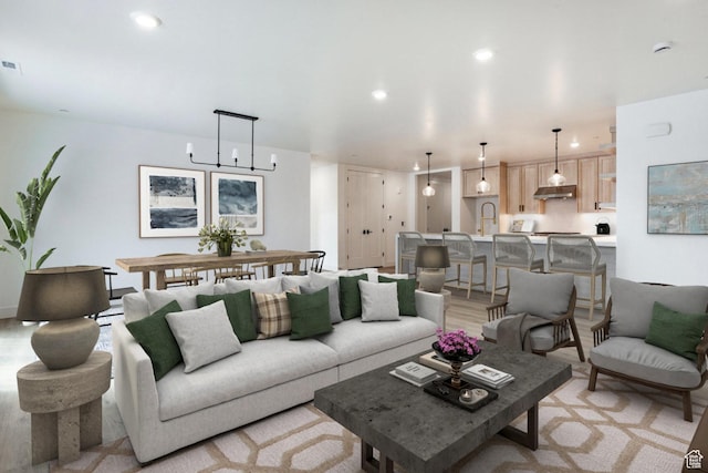 living room with sink and light hardwood / wood-style flooring