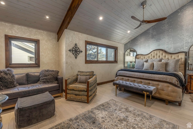 bedroom with recessed lighting, wooden ceiling, wallpapered walls, vaulted ceiling with beams, and wood finished floors