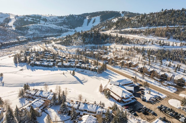 snowy aerial view featuring a mountain view