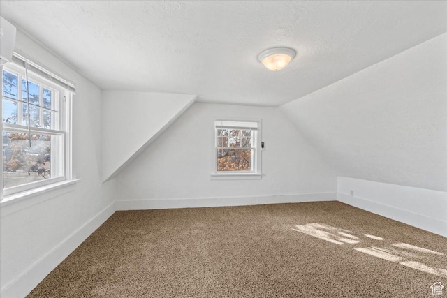 additional living space featuring vaulted ceiling, a healthy amount of sunlight, and carpet flooring