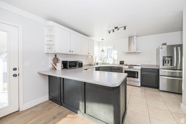 12138 S Willmar Cir, Riverton, UT 84065 - kitchen featuring stainless steel appliances, wall chimney exhaust hood, a peninsula, open shelves, and light countertops